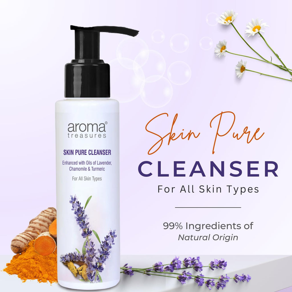 Aroma Treasrues Skin Pure Cleanser (100ml) – Deep Clean Makeup Remover for Pollution Defense | Lavender + Turmeric Enriched | Smooth, Fresh & Clean Skin | Paraben-Free Gentle Daily Cleanser