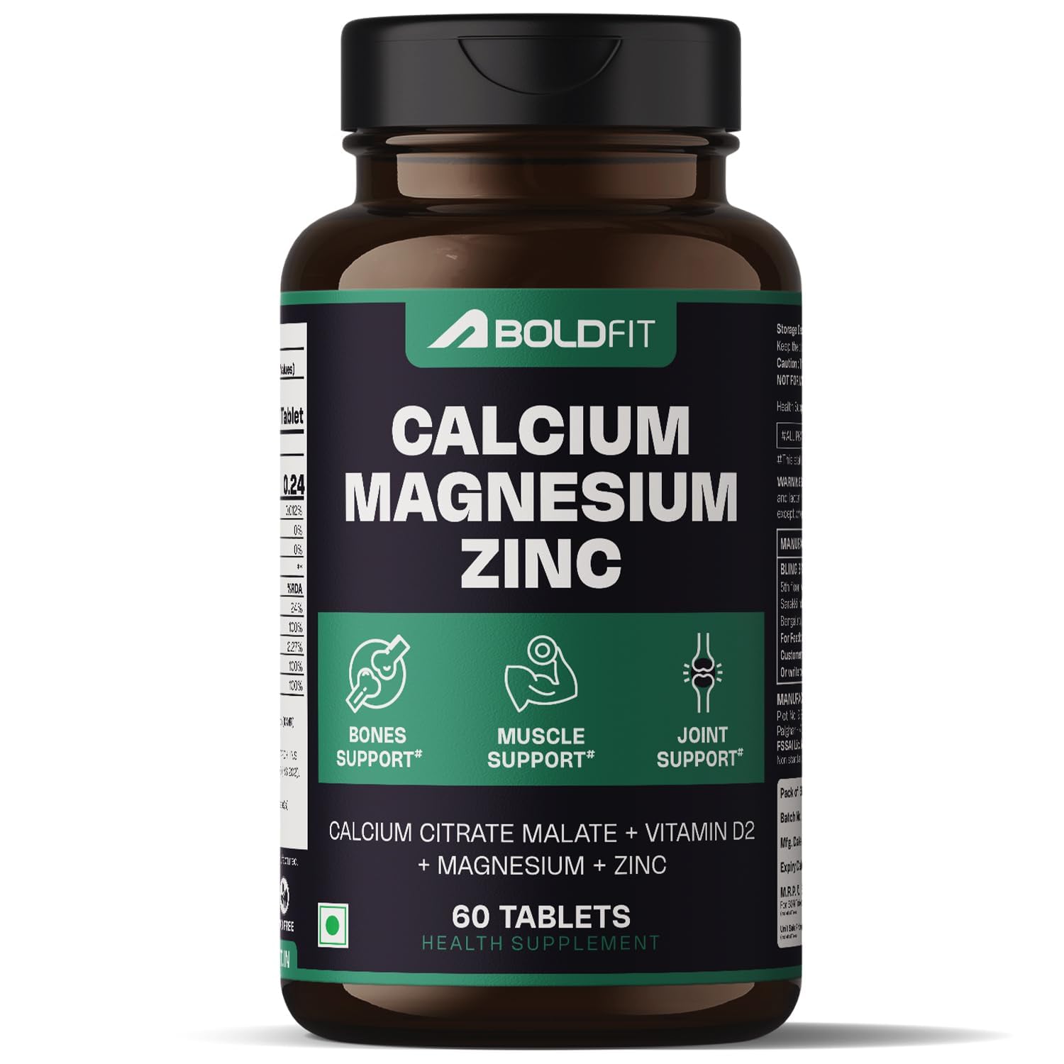 Boldfit Calcium Tablets 1000 mg with Magnesium & Zinc for Women and Men, Calcium Supplement for Bone & Joint Support, 60 Tablets