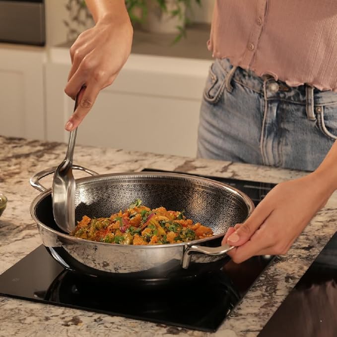 Arttdinox Stellar Triply Stainless Steel Kadhai With Lid | Non Stick Kadai | Gas & Induction Base | 22cm | 2.1ltr | Silver