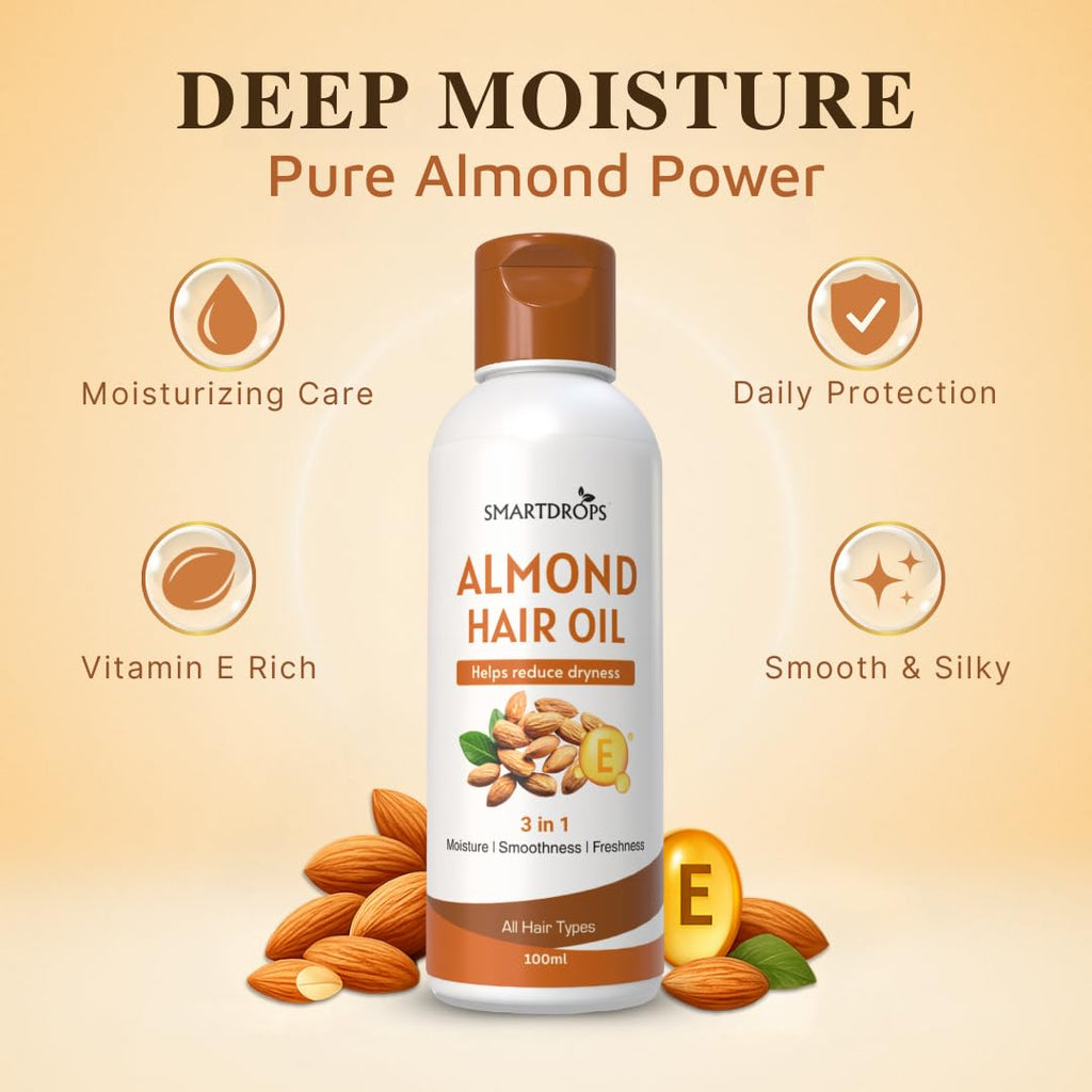Smartdrops Almond Hair Oil with Vitamin E for Daily Hair Care and Scalp Massage Routine, Lightweight Hair Oil for Men and Women | 100ml (Pack 1)
