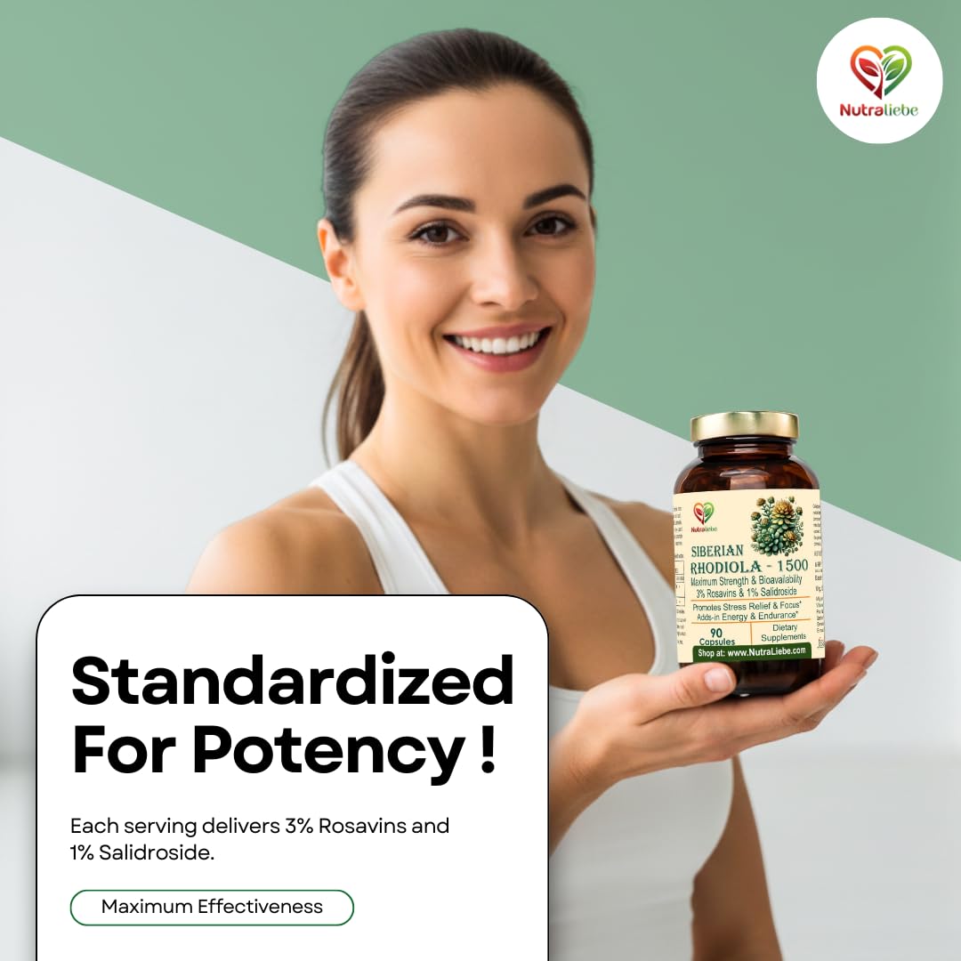 Nutraliebe Rhodiola Rosea 1000 mg â€“ 3% Rosavins & 1% Salidroside â€“ Adaptogenic Stress & Focus Support â€“ Siberian Root Extract â€“ 90 Capsules