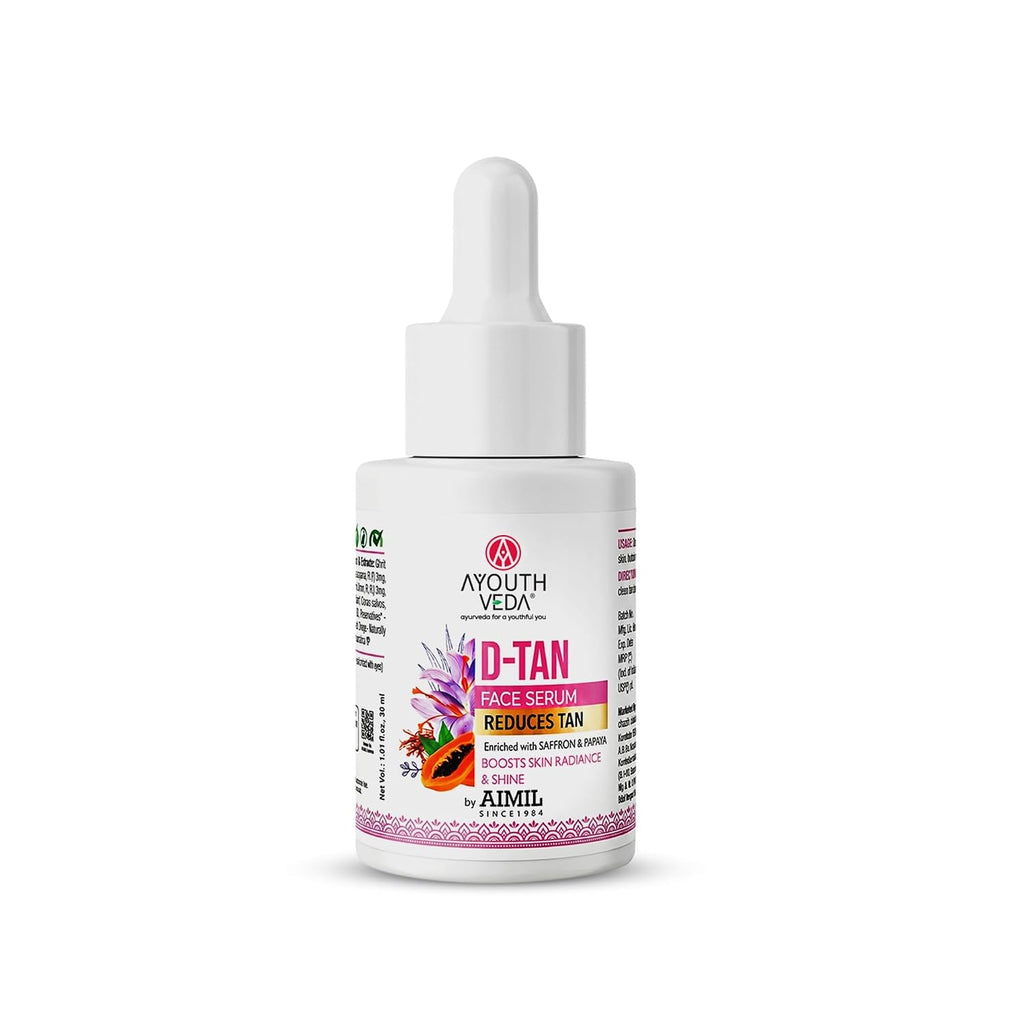 Ayouthveda D-Tan Face Serum Enriched With Saffron & Papaya For Nourished Skin| Address sun damage and achieve a revitalized, Boosts Skin Radiance | For Men & Women| Effectively reduces tan 30ml