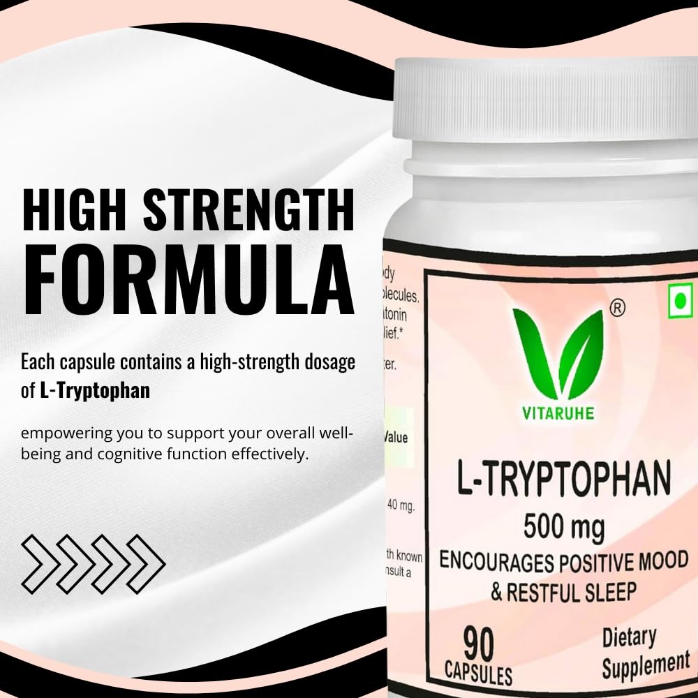 Vitaruhe® L-Tryptophan 500 mg per Capsule, 90 Vegan Capsules for 3 Months, Pure Essential Amino Acid, Natural & Fermented, High Strength Supplement Without Additives