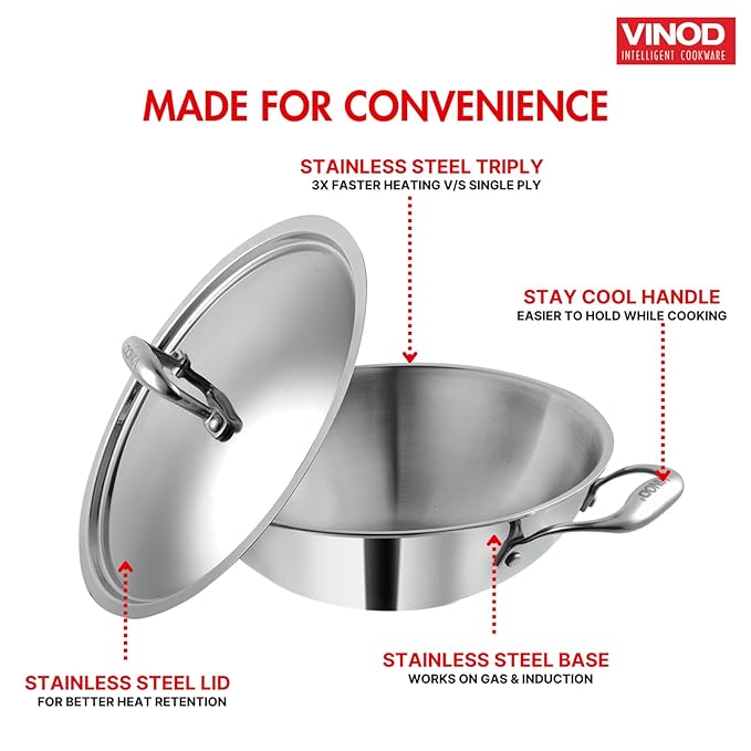 Vinod Platinum Triply Stainless Steel Cookware Kadai with Lid - 1.8 litre, 22 cm / 2.5 mm Thick