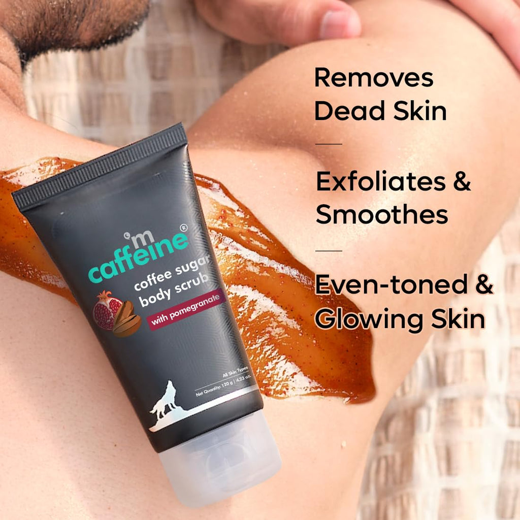 mCaffeine Sugar Body Scrub with Coffee & Pomegranate for Exfoliation & Tan Removal | 84% Removal of Dead Skin | Travel Friendly Product for All Skin Types & Gender | 120ml