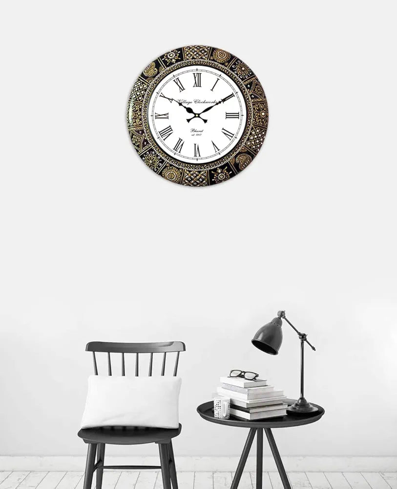 RoyalsCart Floral Design Painting Wooden Antique Analog Wall Clock Clock Size - 40 cm x 40 cm [KTWC281] Artistic Floral Painting