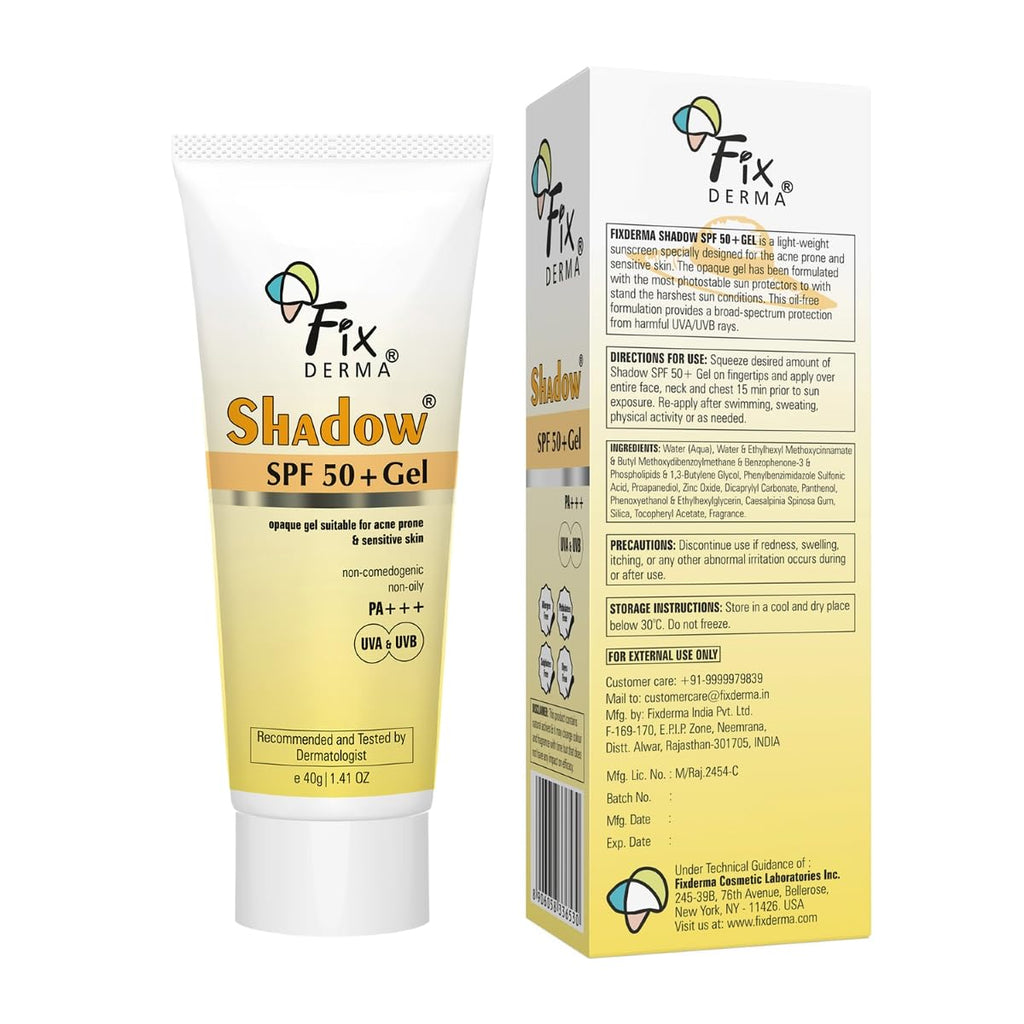 Fixderma Shadow Sunscreen SPF 50+ Gel for Oily Skin | Sunscreen for Body & Face | Broad Spectrum Protection from UVA & UVB | For Women & Men | Non Greasy & Water Resistant - 40gm
