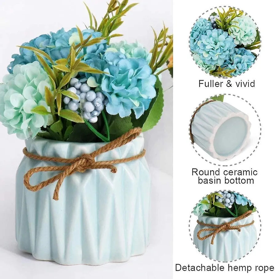 Artificial Flower with Ceramic Vase Hydrangea Bouquet Fake Flower Arrangements