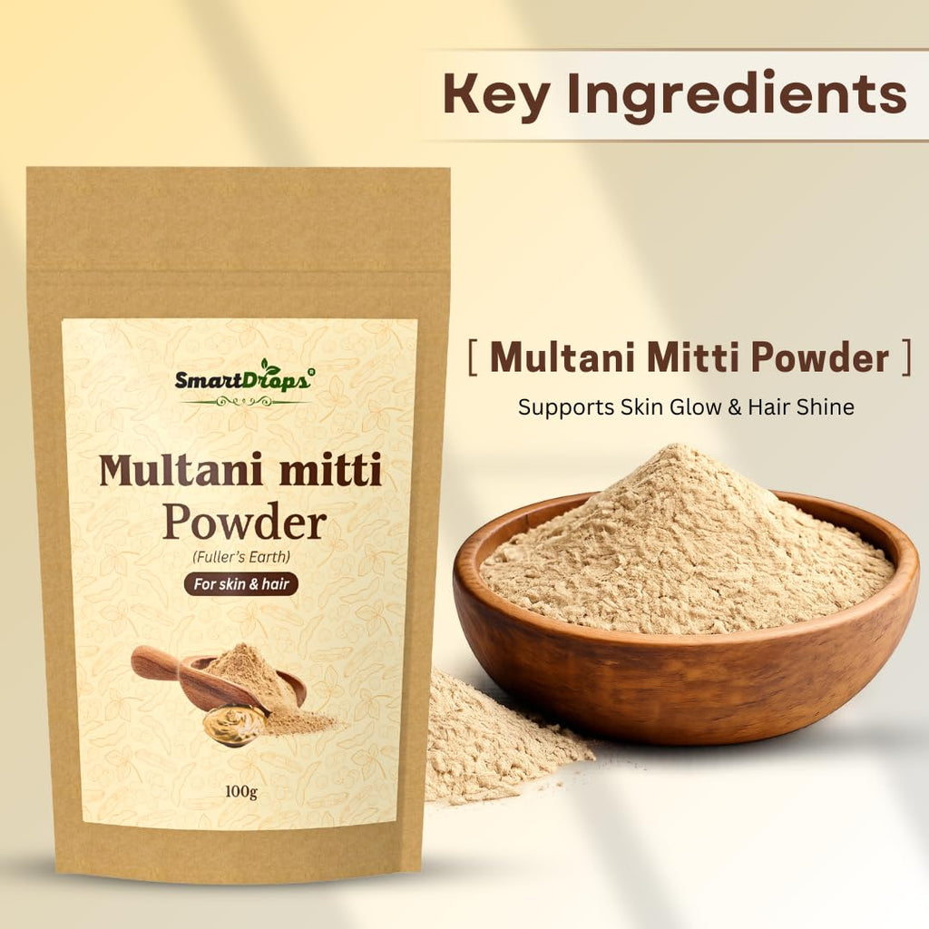Smartdrops Multani Mitti Powder for Hair and Skin Care Fullers Earth Face Pack Hair Pack and DIY Beauty Routine Powder | 100g (Pack-1)