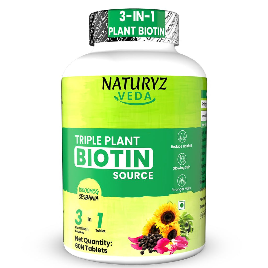 Naturyz Veda Triple Plant Biotin For Hair Growth | 100% Rda Biotin| Sesbania Agati | With 3 Vegan Sources | Stronger & Increased Hair Density | Shinier Nails | Glowing Skin - 60 Tablets