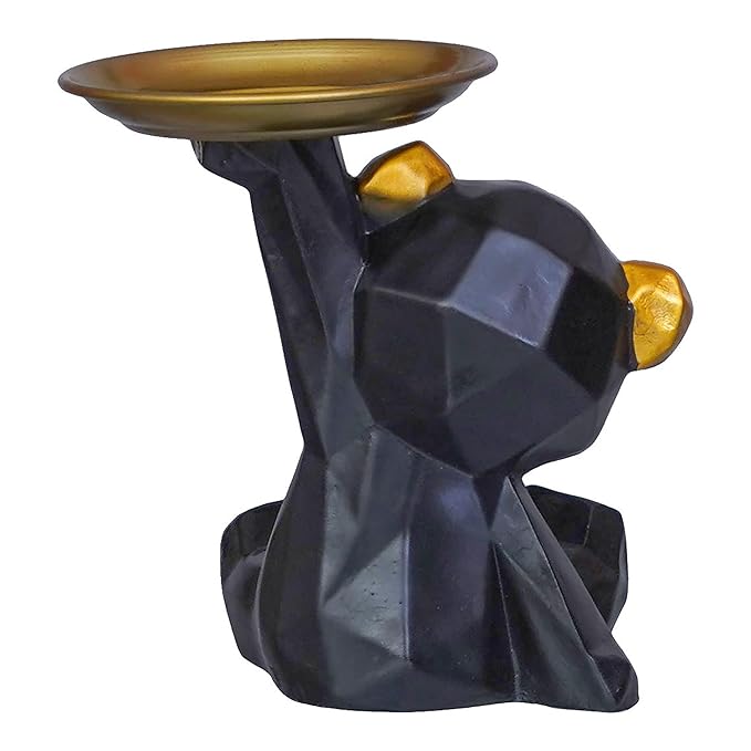 Ecraftindia Geometric Black Sitting Teddy Bear Statue Holding Tray Decorative Showpiece for Home