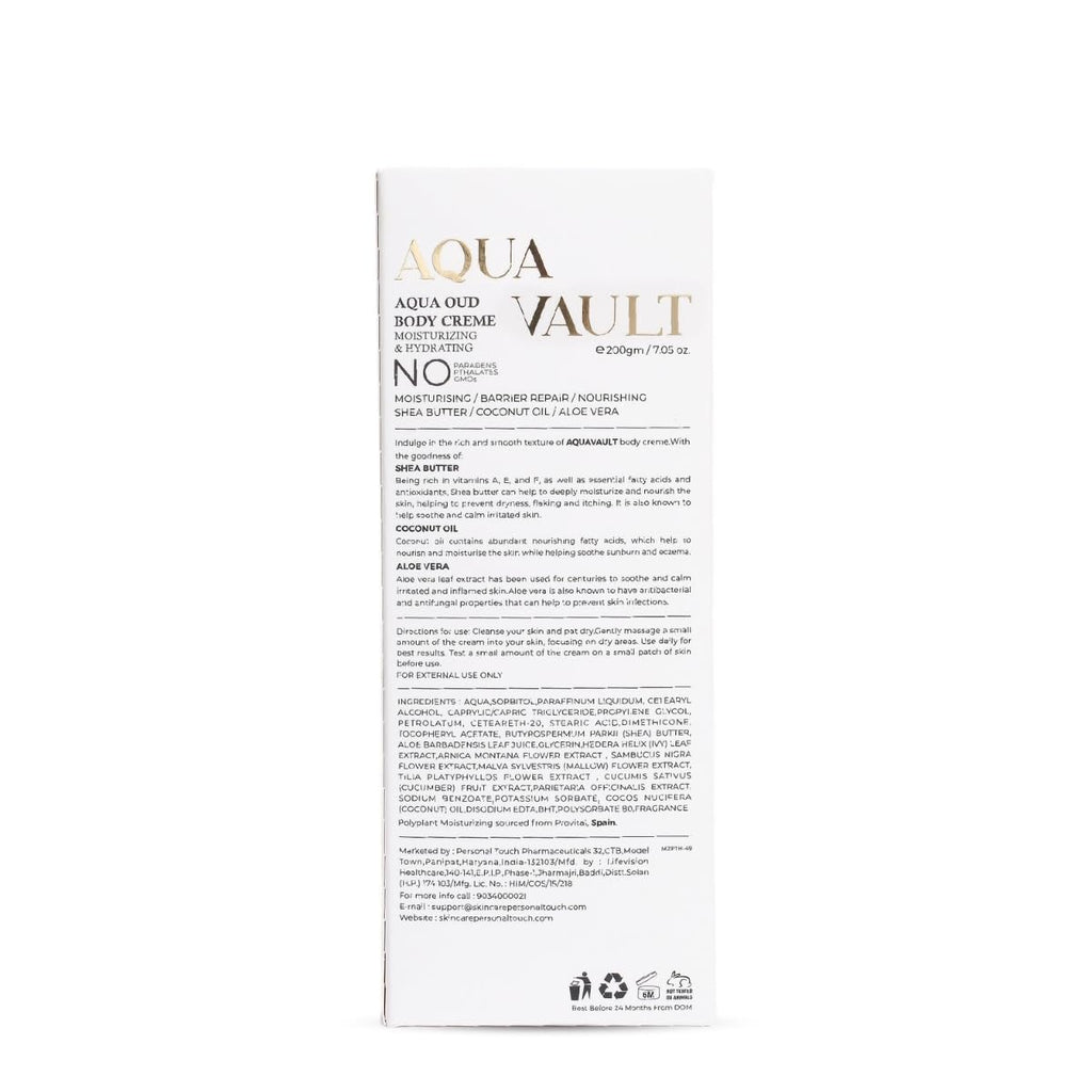 PERSONAL TOUCH SKINCARE Aqua Vault Aqua Oudh Hydrating Body Cream with Essential Vitamins A, E & Fatty Acids Combined with the Goodness of Shea Butter, 200ml