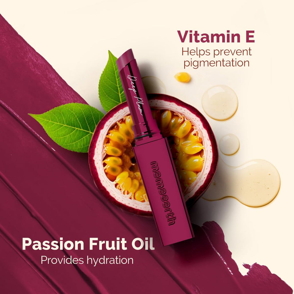 Mamaearth Luxe Matte Long Stay Lipstick with Passion Fruit Oil & Vitamin E -2g | Deep Plum 16 Hour Long Stay | High Impact Color | Made Safe Certified