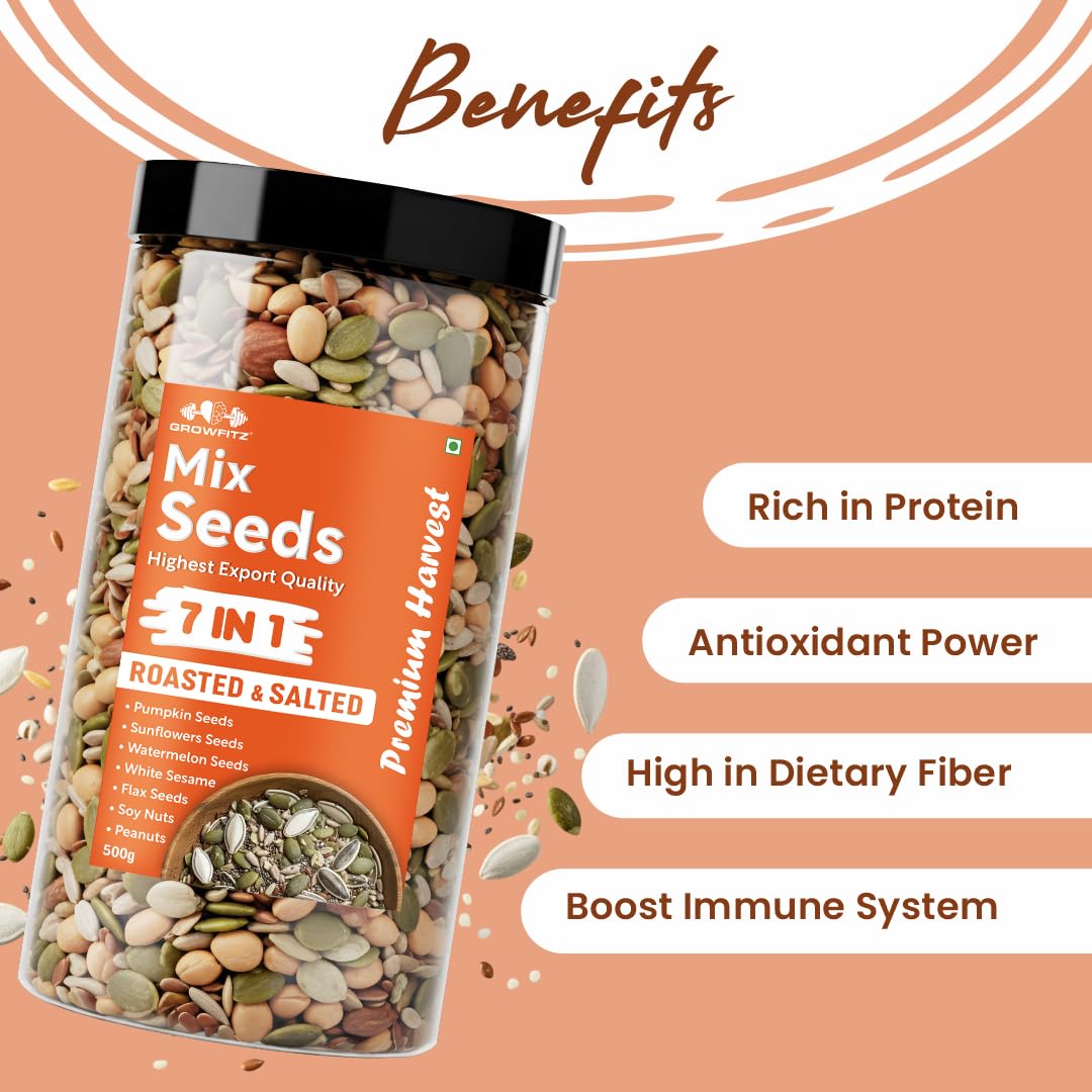 Growfitz 7-in-1 Super Seed Mix | 500g | 24.4g High Protein & Fiber | Roasted & Salted Pumpkin, Sunflower, Flax, Chia, Soy Nuts & Sesame | Healthy Snack |