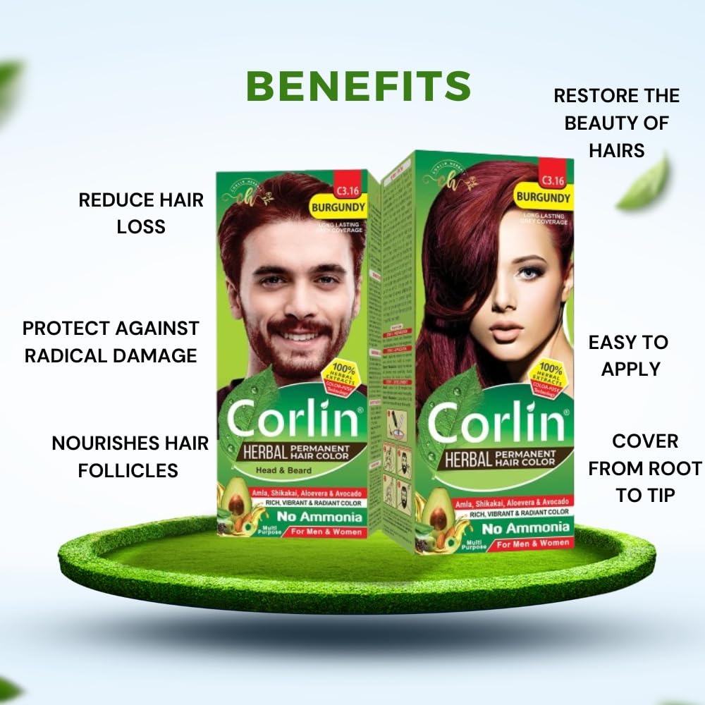 Corlin Herbal Permanent Hair Color Cream Burgundy C3.16 - 100 gms (Pack of 2)