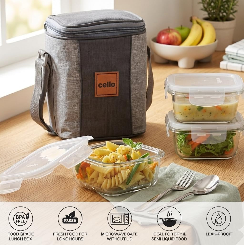 Cello Glassy Square Lunch Box Set of 3 Pcs (320ml x 3) with Jacket