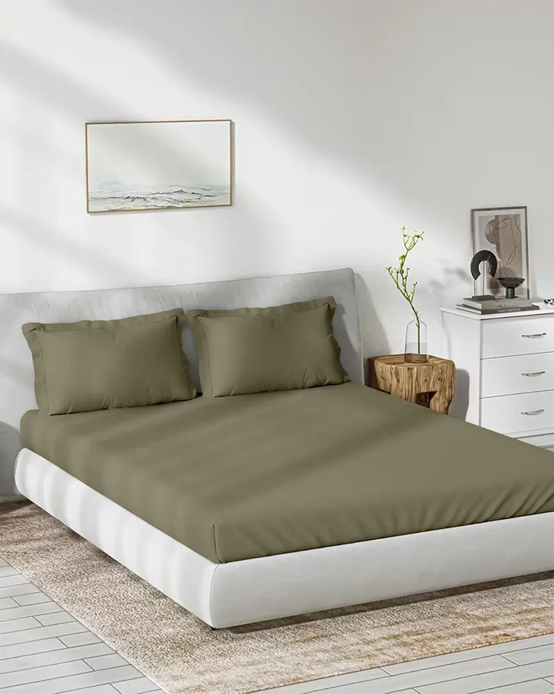 Trance Home Linen 300 TC Bamboo Fitted Queen Size Bedsheet Soft Breathable & Eco-Friendly Bedsheet with 2 Pillow Cover Colour Mocha