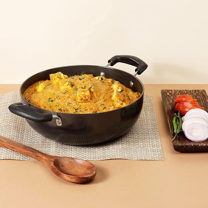 Vinod Black Pearl Plus Hard Anodised Deep Kadhai with Lid - 3.1 Litre, 24 cm | 3.25mm Thick | Natural Stick Free Kadai