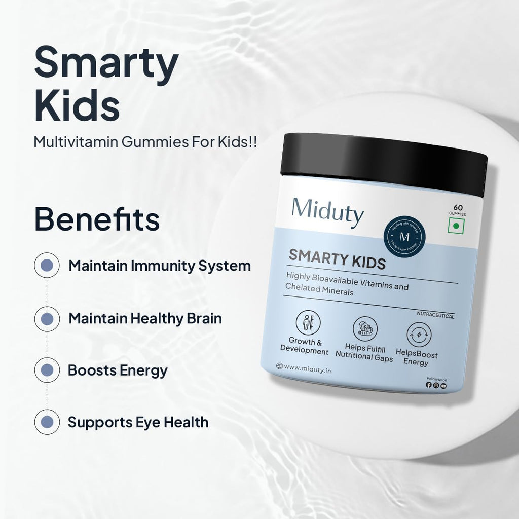 Miduty by Palak Notes Smarty Kids Multivitamin Multimineral, B Complex, Vitamin C, Vitamin A & Active Immunity For Picky Eaters No Fructose Corn Syrup No Preservatives - Natural Flavor - Pack of 60