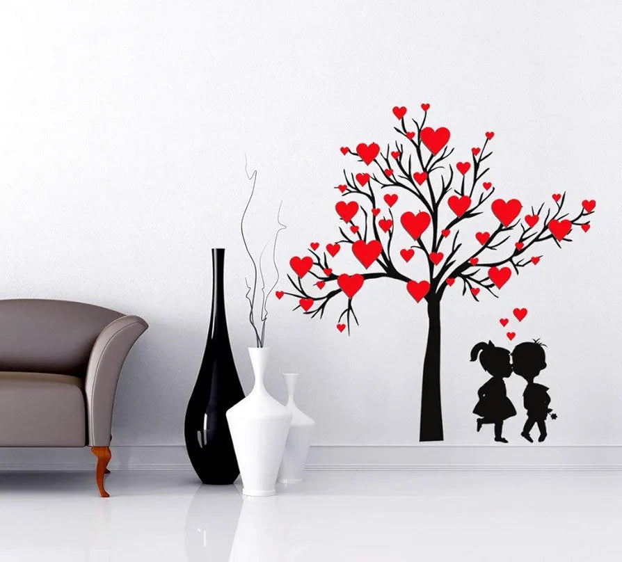 Decals Design Heart Shaped Leaves with Loving Couple Wall Sticker Multicolour