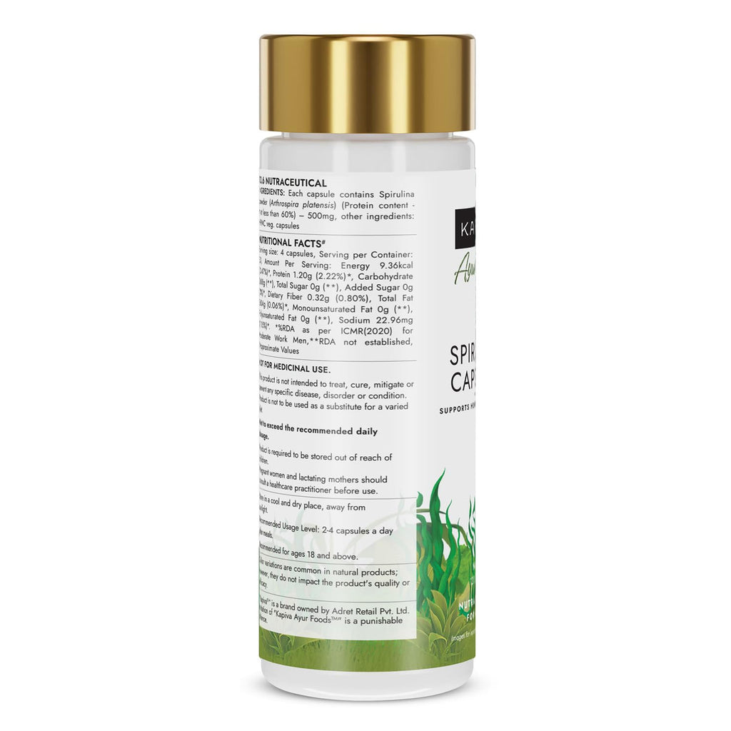 Kapiva Spirulina Capsules |120 Capsule| Contains 60% Protein | Boost Your Immunity | Free from Preservative & Pesticides | Spirulina Tablet