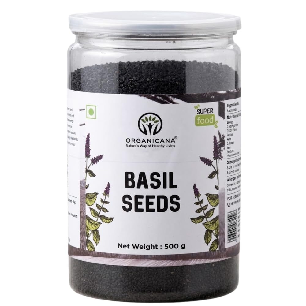 Organicana Basil Seeds 500gm (Pack of 1) Sabja Seeds - Beat the Summer Heat Nutrient-Rich, Pure Basil Seeds For Healthy Drinks, Smoothies, And Recipes Tukmaria Seeds for Weight Management