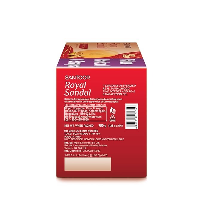 Santoor Royal Sandal Bathing Soap for Sensitive Skin - 125 gms (Pack of 6)