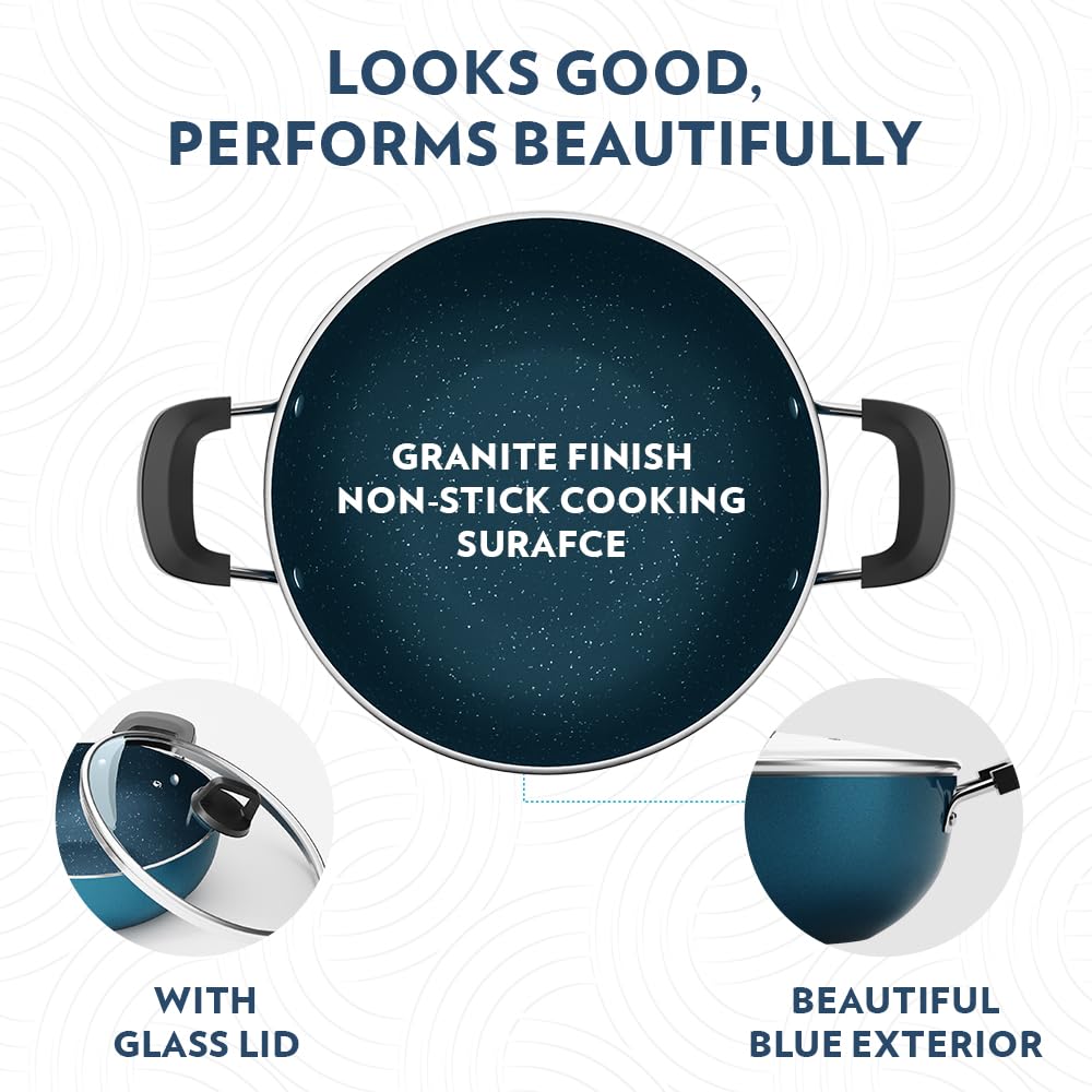 Borosil Prochef Non-stick Aluminum Kadhai With Lid 22 Cm | Gas Stove Compatible, Thick Uniform Body for Even Heating, Dishwasher Safe | 5 Layer Nonstick Coating
