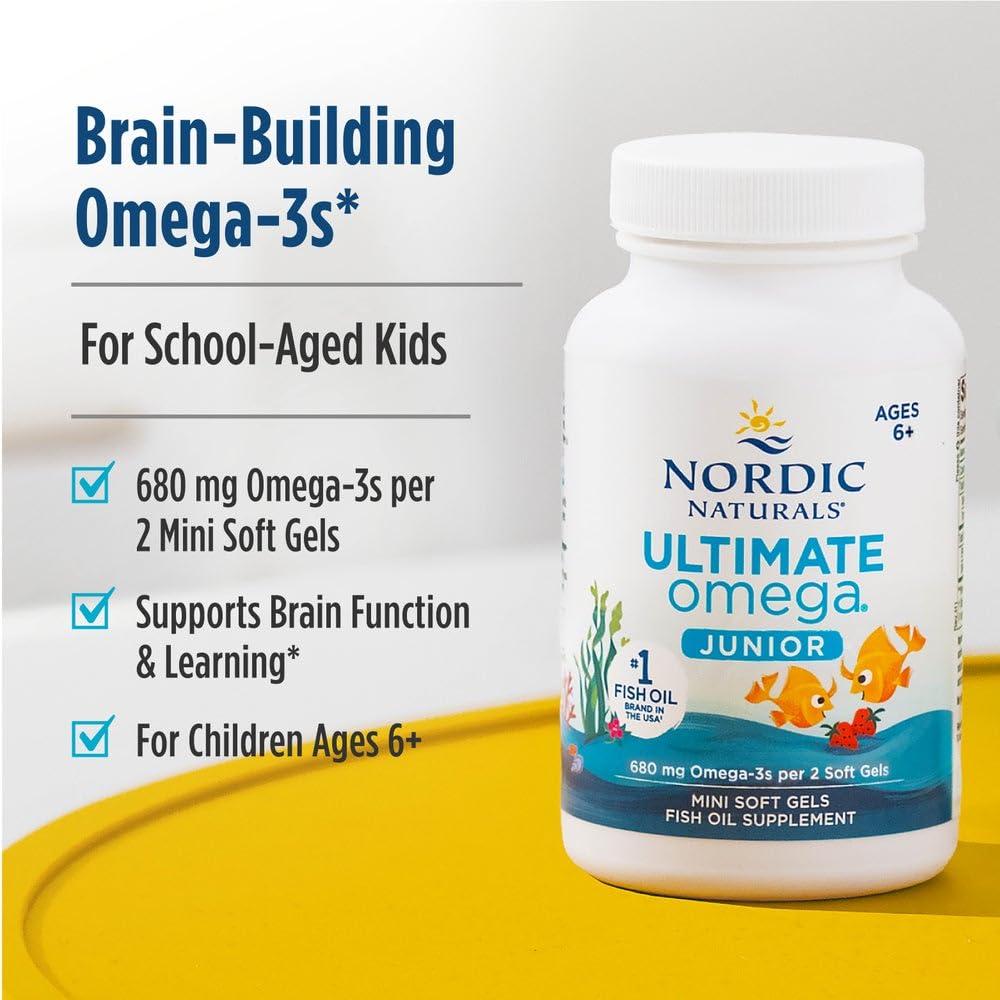Nordic Naturals Ultimate Omega Junior Fish Oil | 680 Total Omega-3S With EPA & DHA Supplement Fish Oil For Kids | Dietary Supplement For Kids | Strawberry Flavour 90 Mini Chewable Softgels