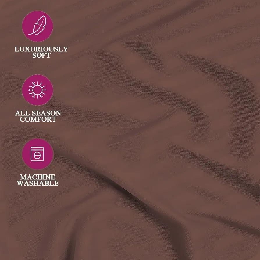 Trance Home Linen 100% Cotton 78x66 inch 200TC Satin Stripe Elastic Fitted Bedsheet Double Bed Fitted Bedspread with 2 Pillow Covers Colour Chocolate Brown