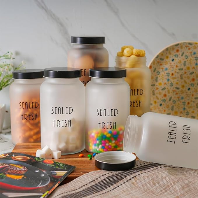 Femora Kitchen Storage Jars Frosted Glass Jar With Steel Lid Air Tight Jar | 1500 Ml | Pack of 6 | Black Lid