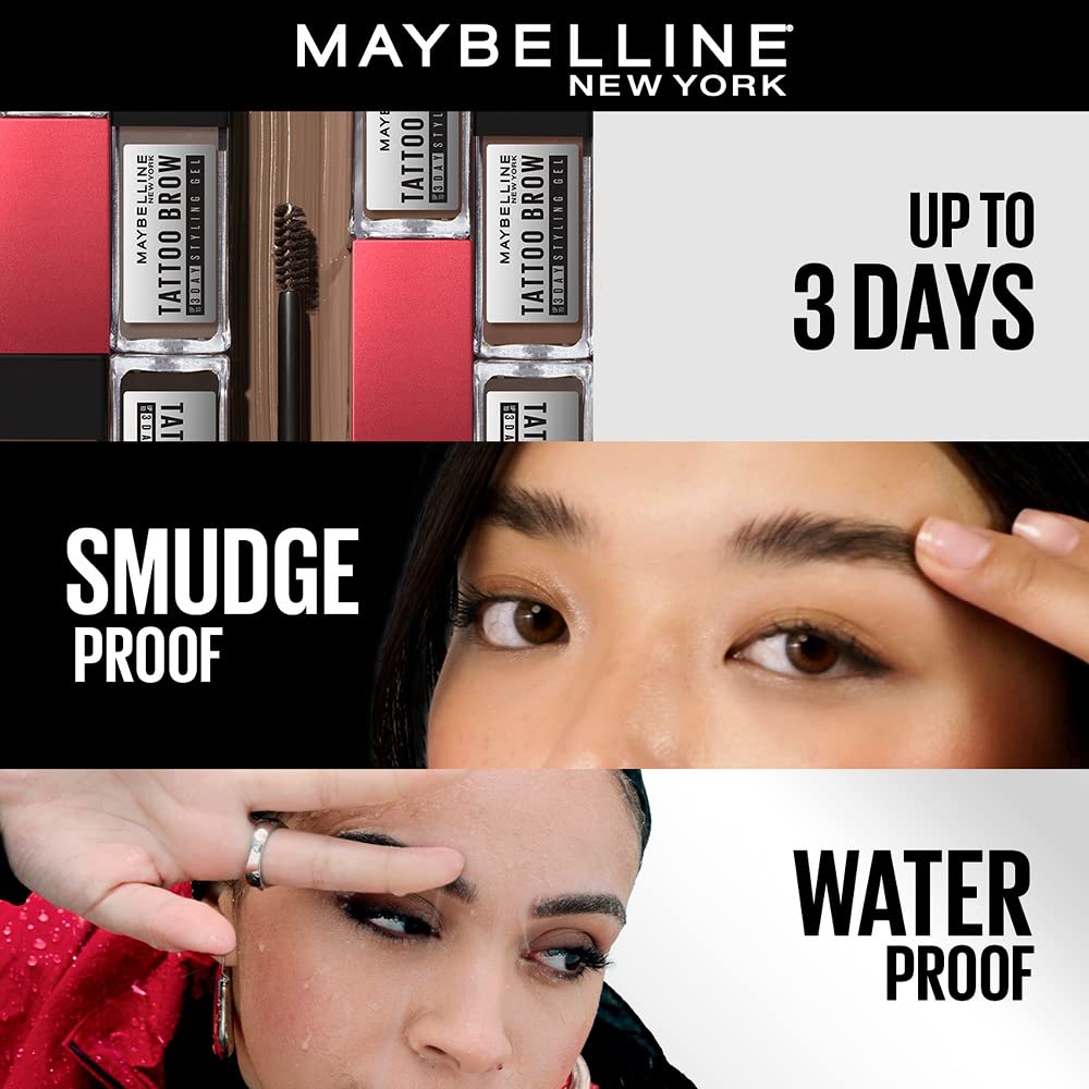 Maybelline New York Tattoo Brow 3 Day Styling Brow Gel - Deep Brown, Semi-permanent Tinted Eyebrow Gel, Water, smudge & Transfer-proof. Tattoo Brow 3 Day Styling Brow Gel Last Up To 3 Days | 6ml