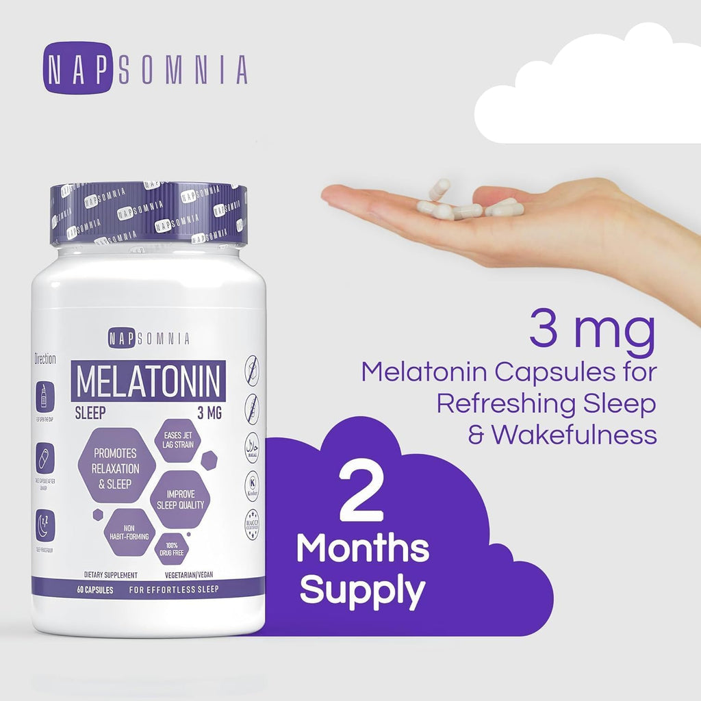 NAPSOMNIA Melatonin for Sleeping for Men & Women - Sleep Melatonin -Valerian Root Extract - Vegetarian 3mg Melatonin 60 Capsules - Sleep Aid for Adults - Deep Sleep Supplements to Ease Jet Lag Strain