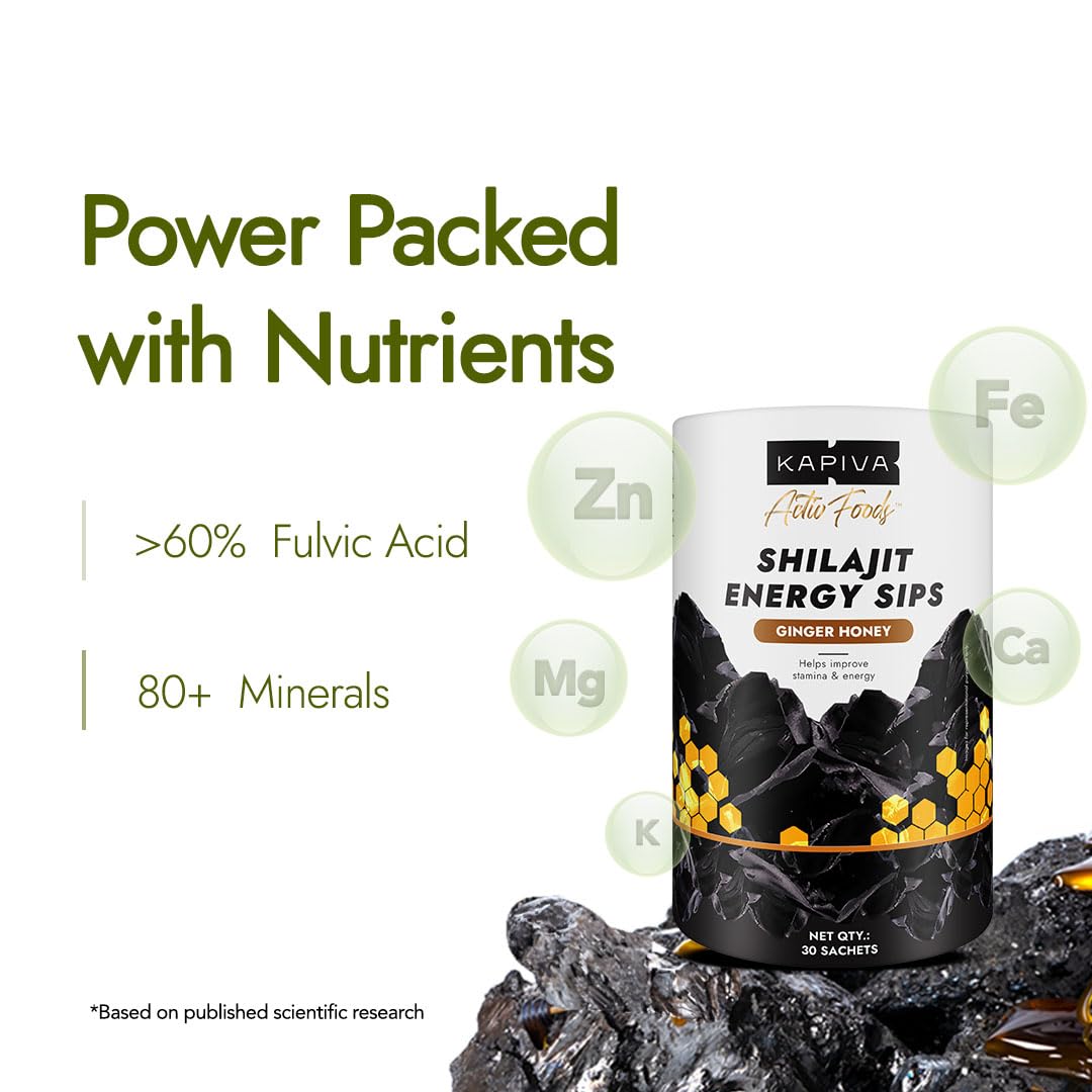 Kapiva Shilajit Energy Sips | With 100% Pure Shilajit/Shilajeet | 250mg Shilajit/Stick | Boosts Energy & Stamina | 30 Sachets | Ginger Honey Flavour