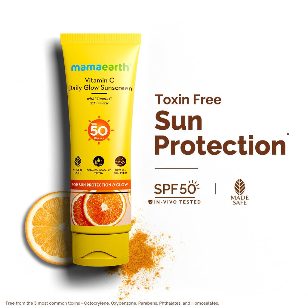 Mamaearth Vitamin C Daily Glow Sunscreen with Vitamin C & Turmeric for Toxin free Sun Protection - 125g | SPF 50 & PA++++ | Vitamin C for Glow | Turmeric Detans | In-Vivo Tested | Natural Goodness | Quick Absorbing
