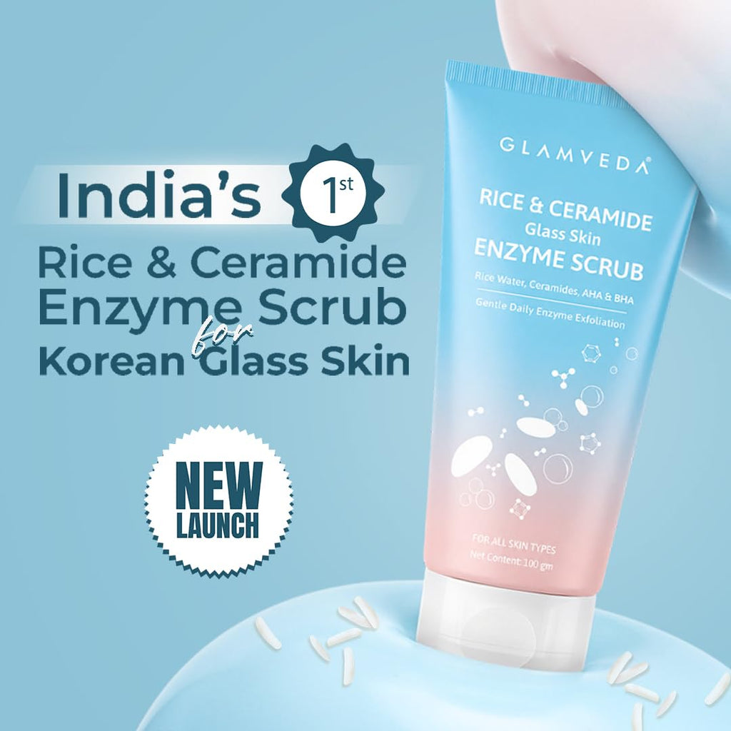 Glamveda Korean Rice & Ceramide Enzyme Scrub for Face | Gentle Daily Exfoliator with Rice Water, Lactic & Glycolic Acid, Niacinamide | Removes Dead Skin, Smoothens Texture & Boosts Glow | Face Scrub For Glowing Skin |100 gm