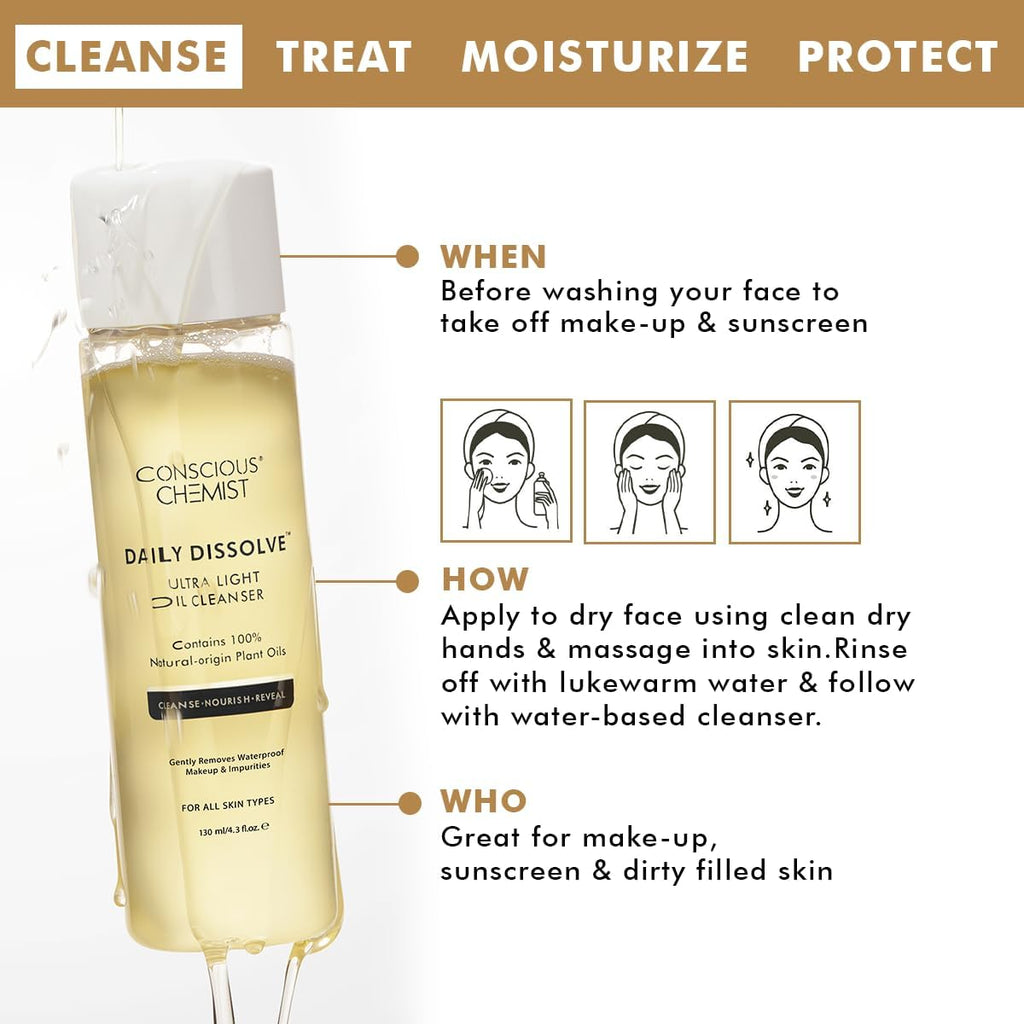 Conscious Chemist® Makeup Cleansing Oil | 130ml | Makeup Remover & Light Daily Cleanser for All Skin Types | Removes Waterproof Makeup, SPF & Impurities | Soft & Glowing Skin - For Men & Women