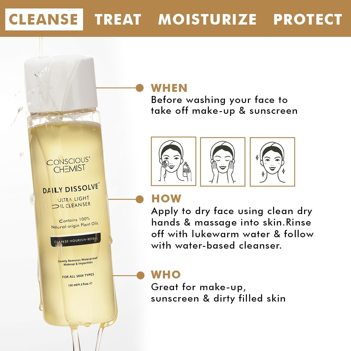 Conscious Chemist® Makeup Cleansing Oil | 130ml | Makeup Remover & Light Daily Cleanser for All Skin Types | Removes Waterproof Makeup, SPF & Impurities | Soft & Glowing Skin - For Men & Women