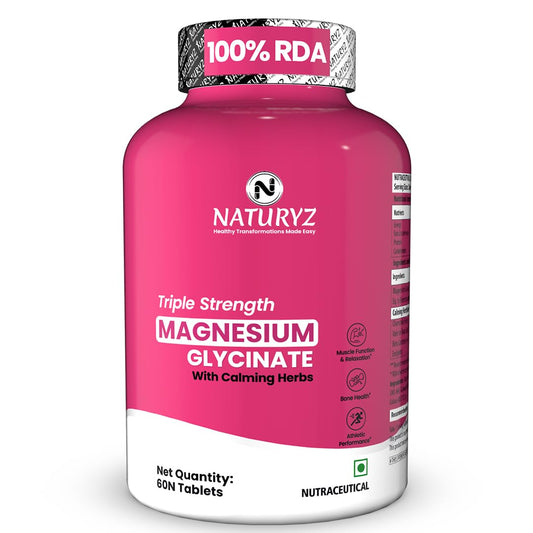 NATURYZ Triple Strength Magnesium Glycinate 2000mg & Calming Herbs for Men & Women | Chamomile | Valerian Extract | 100% RDA Magnesium | Supports Nerve Health, Muscle Relaxation & Sleep Quality - 60 Tablets