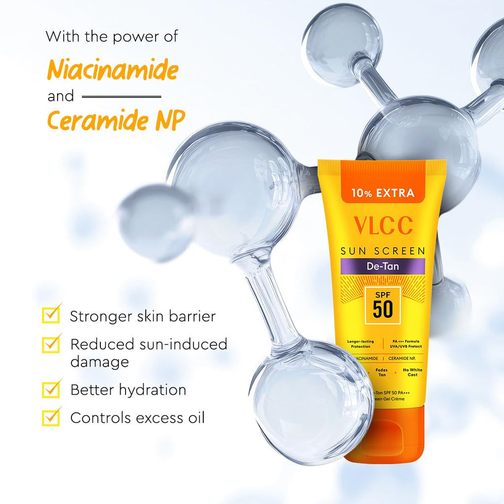 VLCC All Skin De-Tan SPF 50 PA+++ Sunscreen Gel Crème - 100g + 10g Extra | With Cucumber, Carrot, and Saxifraga Extracts | Enhances Glow, Protects from UVA, UVB Rays, and Help Reduce Dark Patches.