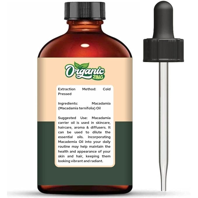 Organic Zing Macadamia Carrier Oil for Skin, Face, Hair Care, Aromatherapy, Diffuser, Conditioner - 118 Ml