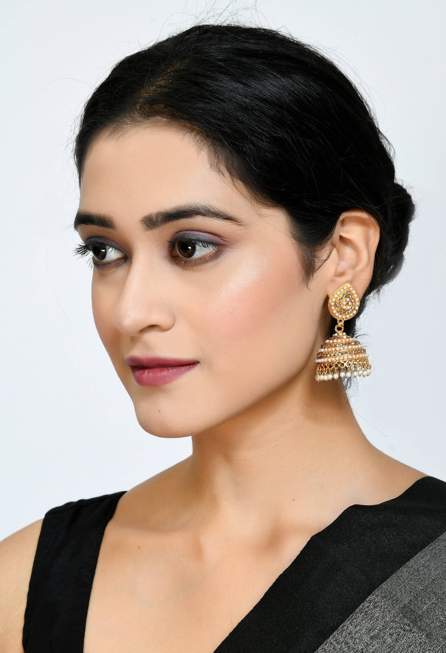 Mominos Fashion Johar Kamal Leaf Design Jhumka With Stone & Pearl