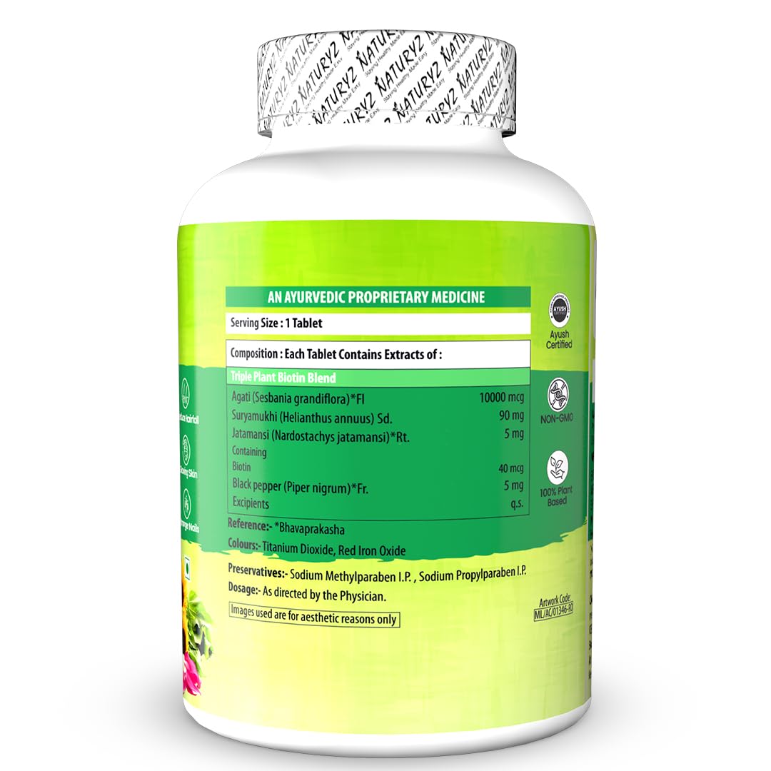 Naturyz Veda Triple Plant Biotin For Hair Growth | 100% Rda Biotin| Sesbania Agati | With 3 Vegan Sources | Stronger & Increased Hair Density | Shinier Nails | Glowing Skin - 60 Tablets