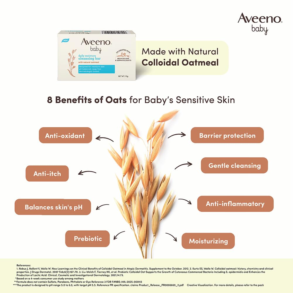 Aveeno Baby Daily Moisture Cleansing Bar 75g | With natural Oatmeal, Glycerin and Shea Butter | Co-created with Pediatricians and Dermatologists for newborn sensitive skin | pH balanced, free of soap, parabens sulfates and phthalates