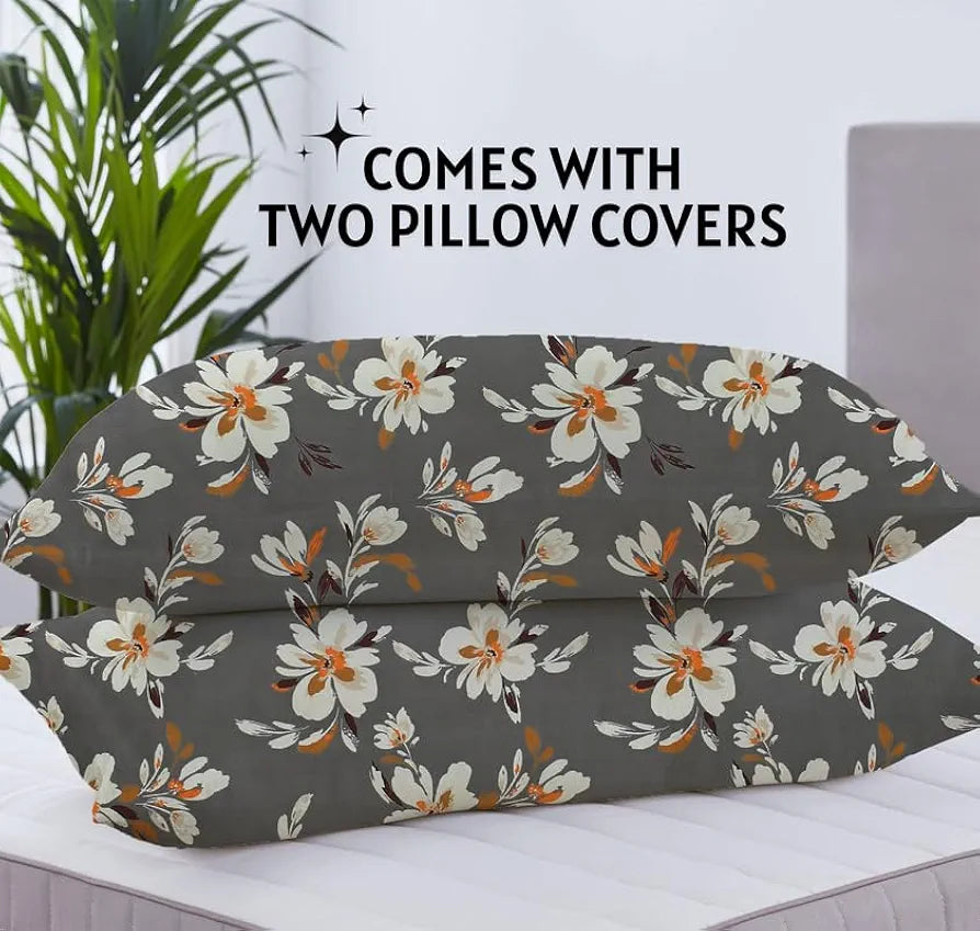HomeKart Floral Printed Cotton Feel Double Bedsheet with 2 Pillow Covers 200 Tc Soft Premium Printed Bedsheet for Home Bedroom Dark Grey