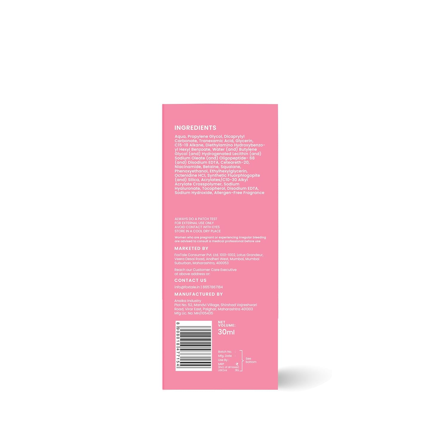 Foxtale 3% Tranexamic Acid Face Serum with Peptides & Niacinamide for Hyperpigmentation, Reduces Marks & Dark Spots, Evens Out Skin Tone, All Skin Types, Men and Women - 30 ml