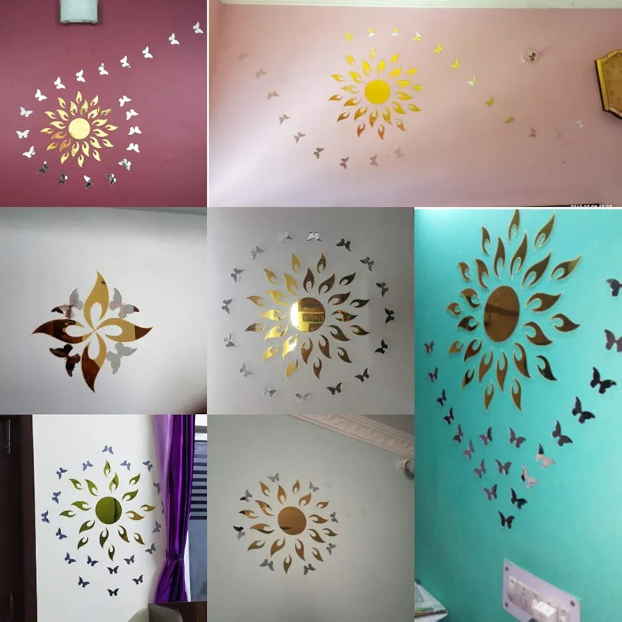 Bikri Kendra Sun Golden with Golden 20 Butterfly 3D Acrylic Decorative Mirror Wall Sticker Wall Mirror Stickers 3D Acrylic