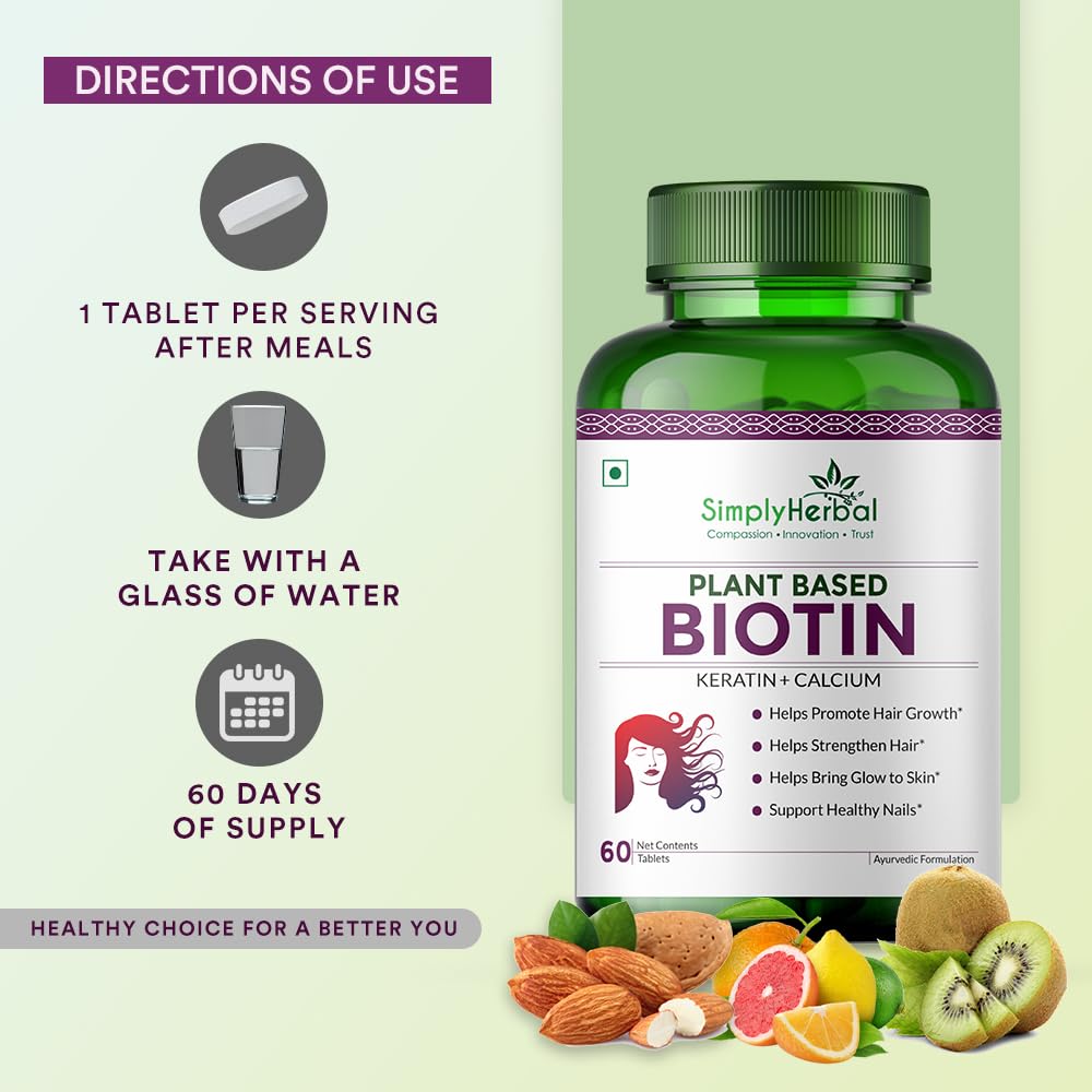 Simply Herbal Plant-Based Biotin Tablets â€“ 60 Tablets | Natural Biotin Supplement | Vegan & Gluten-Free | Supports Daily Nutrition