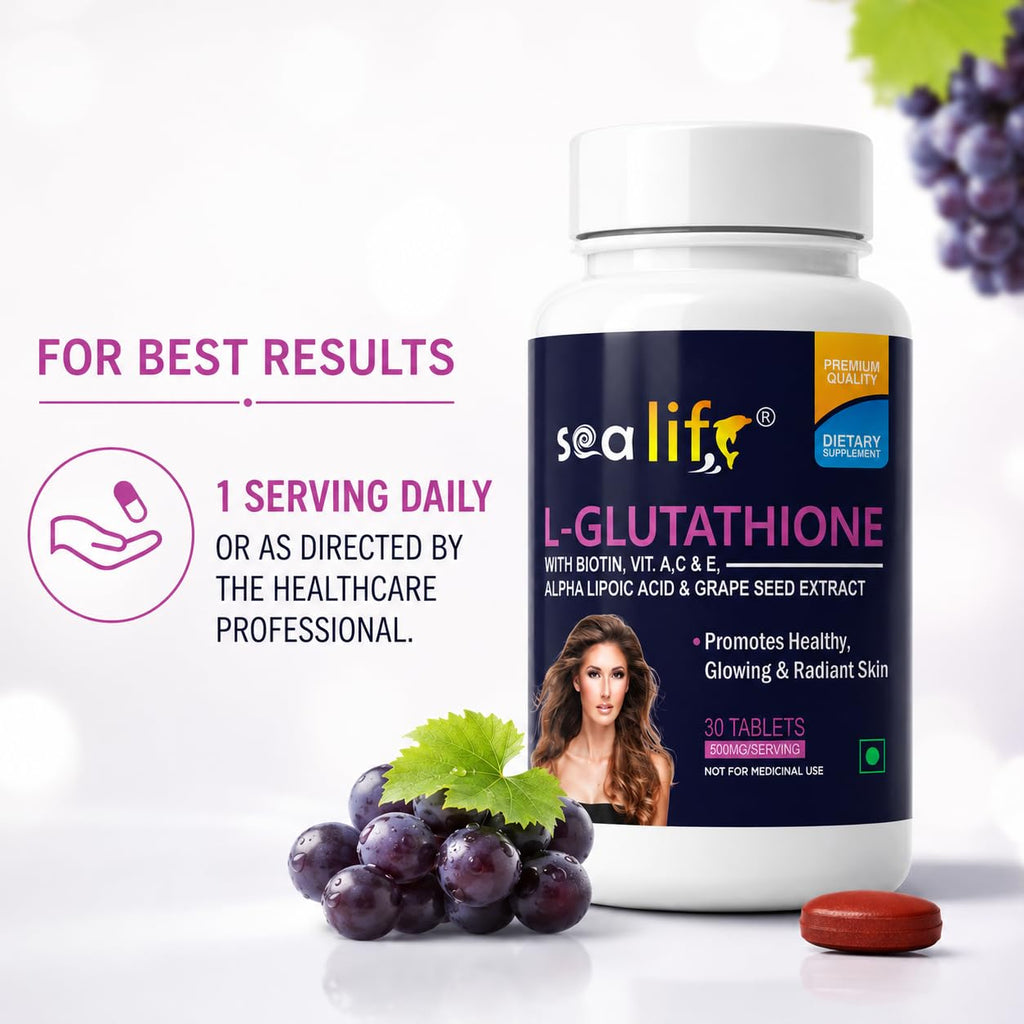 Sea Life Glutathione Tablets With Biotin, Vitamin A, C, E, Alpha Lipoic Acid, and Grape Seed Extract | for Healthy & Radiant Skin for Men & Women 30 Tablets