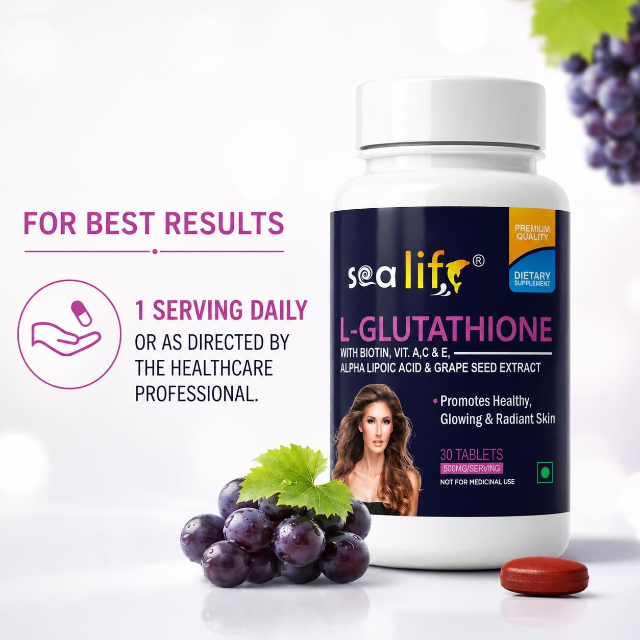 Sea Life Glutathione Tablets With Biotin, Vitamin A, C, E, Alpha Lipoic Acid, and Grape Seed Extract | for Healthy & Radiant Skin for Men & Women 30 Tablets